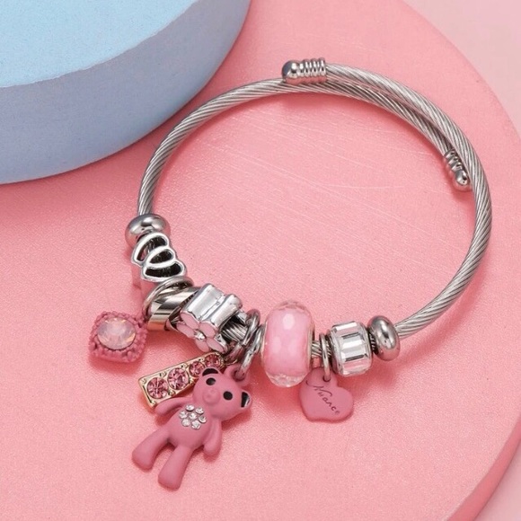 🧸🎀 Stainless Steel Pink Rhinestone & Teddy Bear Adjustable Bracelet NWT - Picture 4 of 8